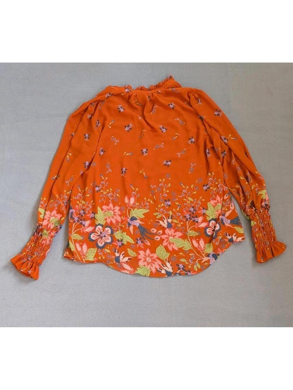 Anthropologie Blouse Womens M Orange Floral Ruffle Henley Long Sleeve Tunic Top - Picture 9 of 9